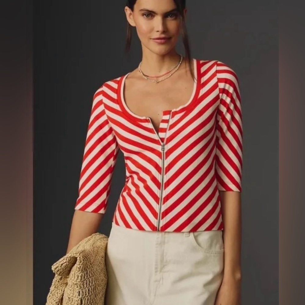 Maeve Orange Motif Front-Zip Scoop-Neck Top